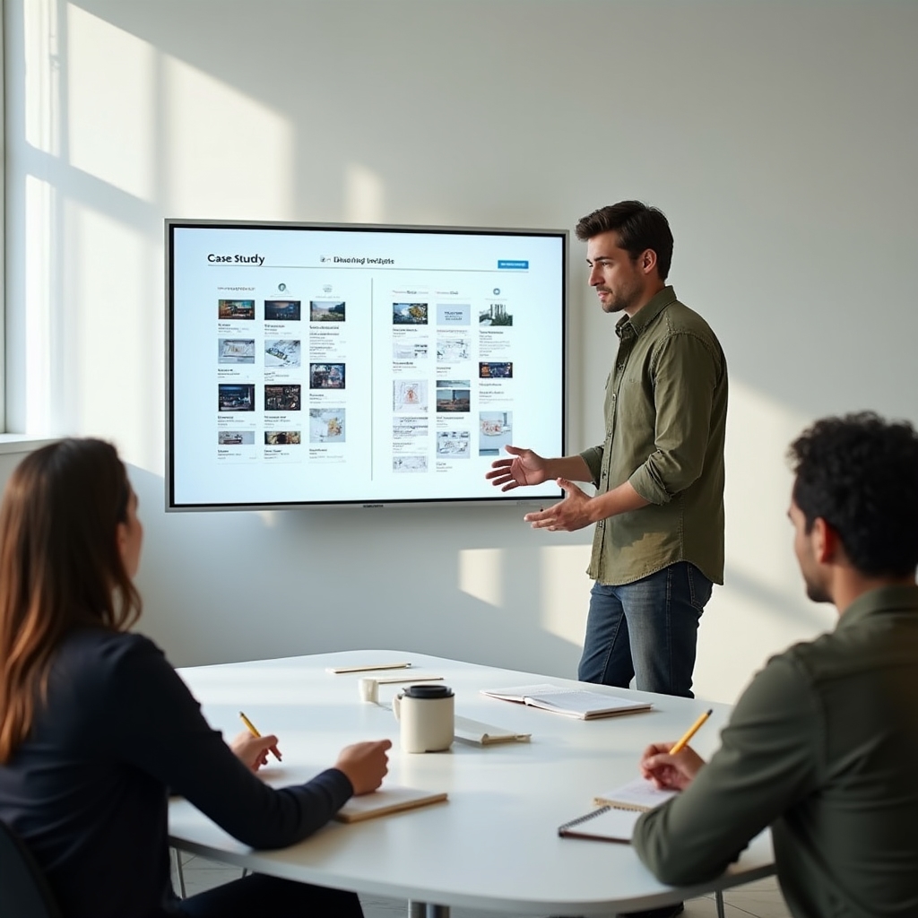 Designér prezentuje case study na obrazovce malé skupině kolegů